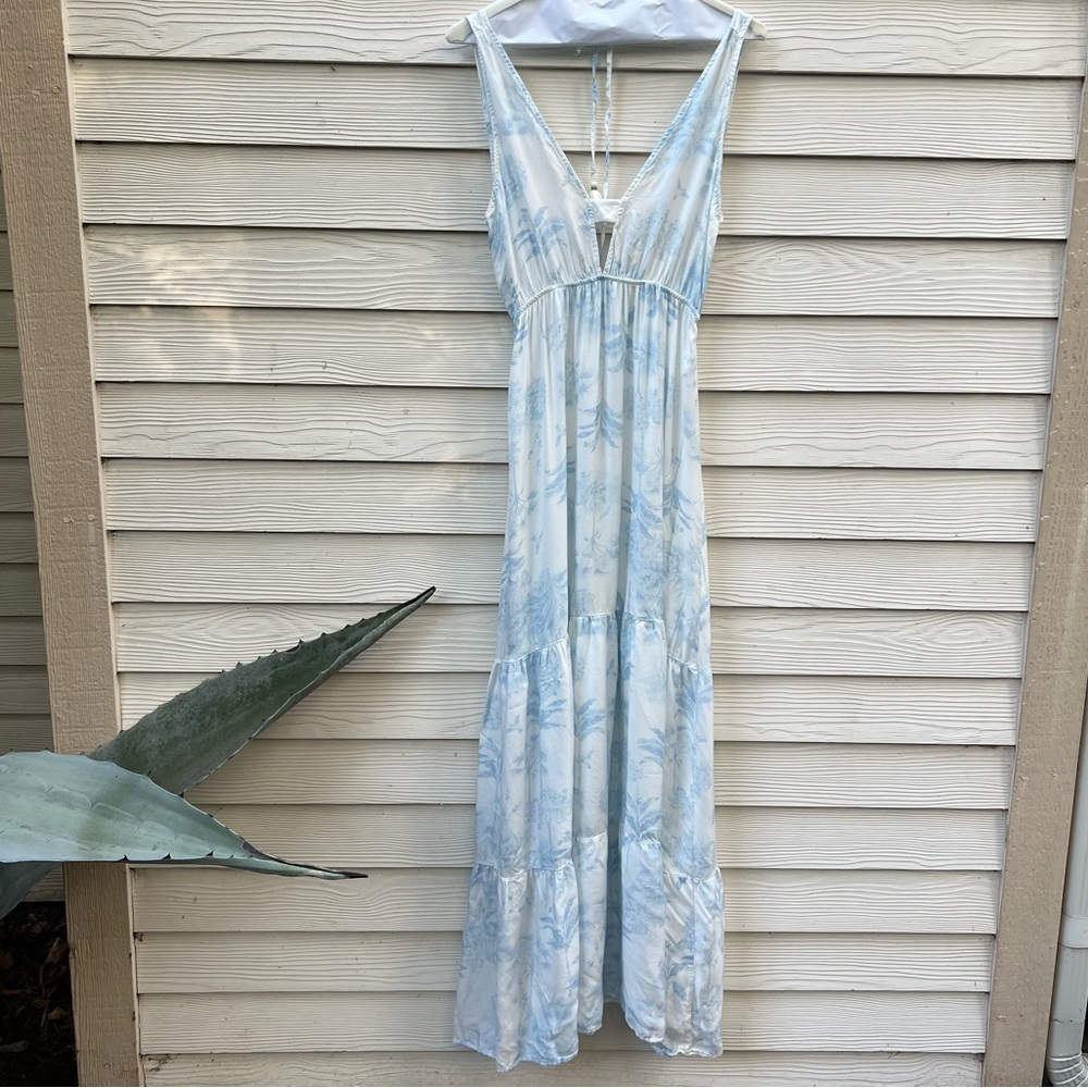 Majii Blue and White Tropical Print Maxi Dress